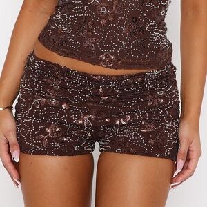 NWT White Fox Small Wish I Didn't Care Beaded Shorts Chocolate brown hot bling